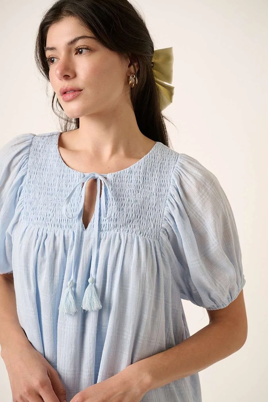 Tassel Tie Plaid Gauze Short Sleeve Mini Dress, image 4