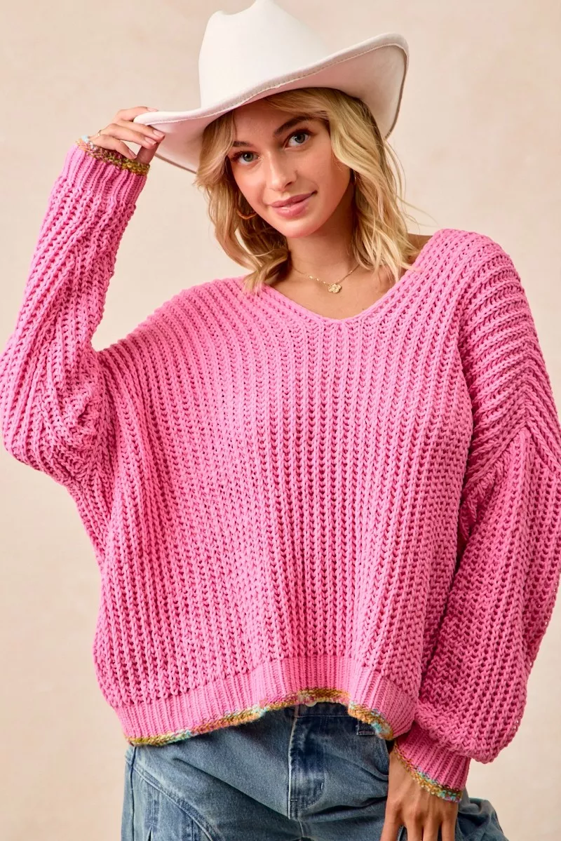 V-Neck Sweater with Colorful Trim, image 3