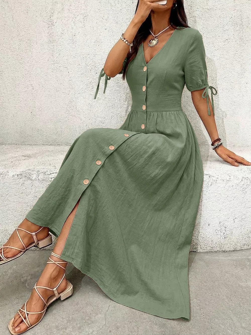 Button-Down Short Sleeve Midi Dress, image 11