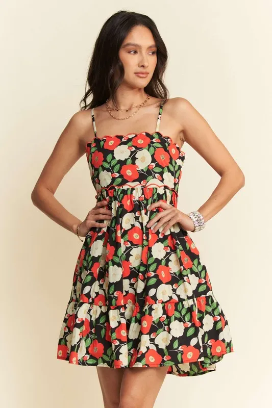 Floral Scalloped Cutout Back Mini Dress