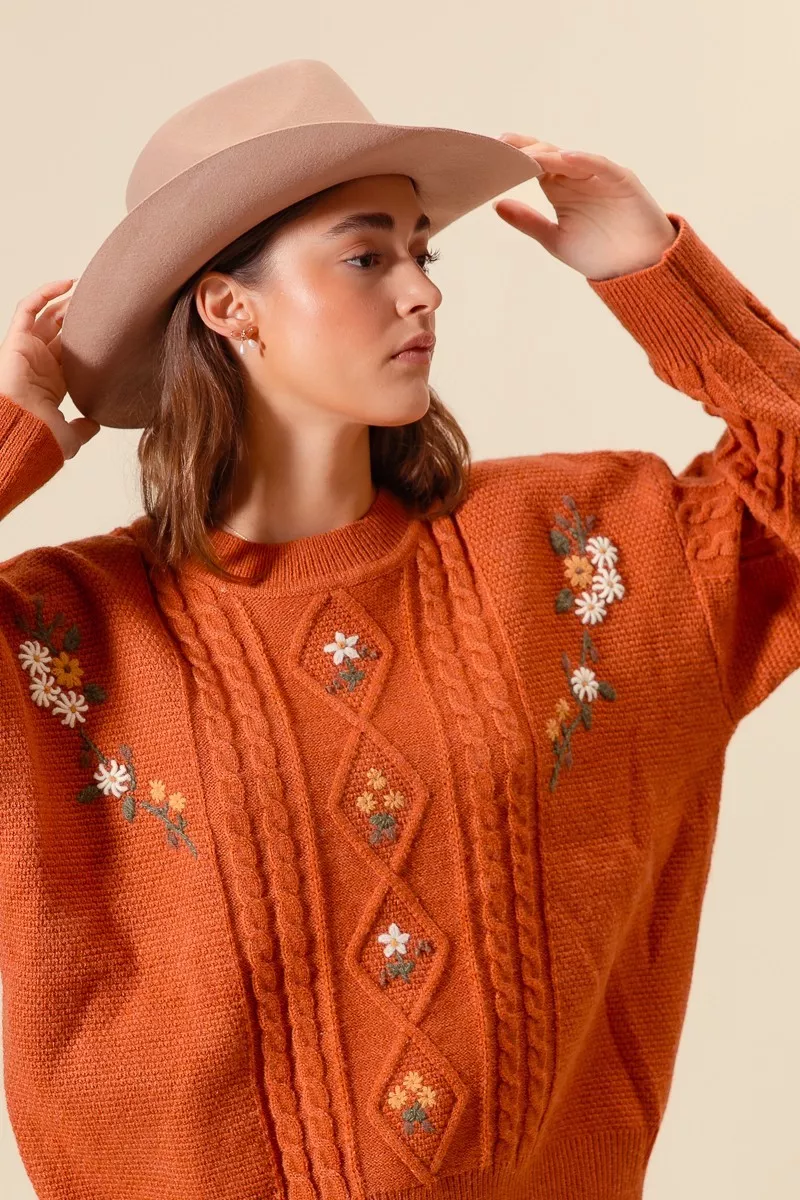 Embroidered Flower Cable Knitted Sweater, image 4