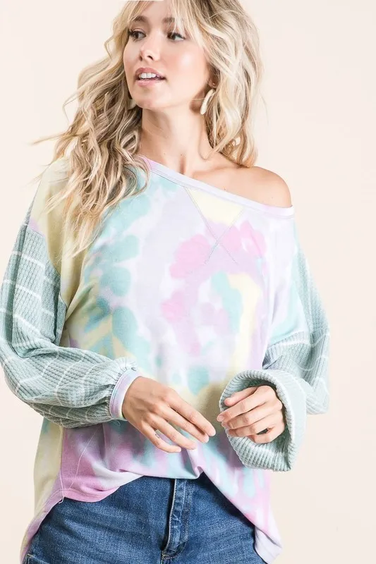 Tie Dye Terry Top with Wide Stripe Thermal Waffle, image 9