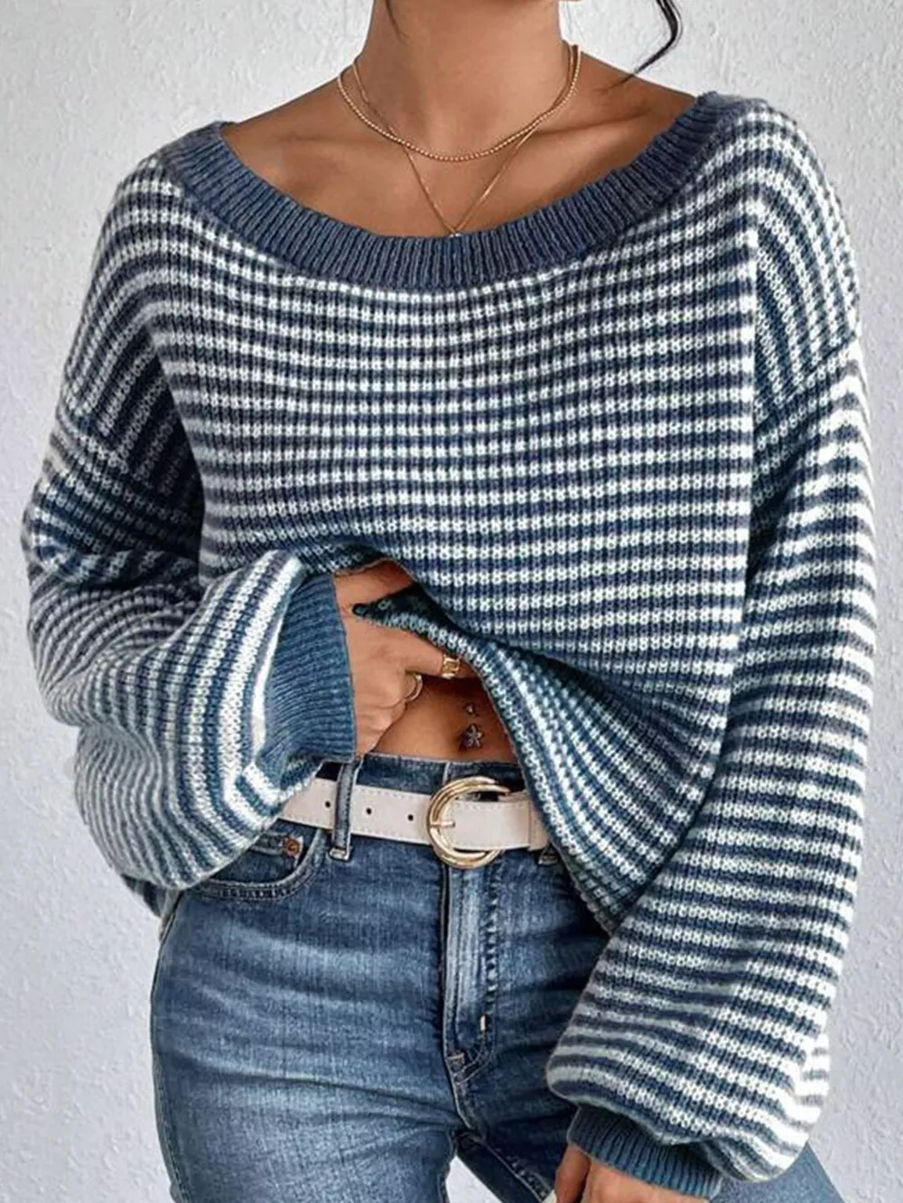Striped Knit Boat Neck Sweater, image 7