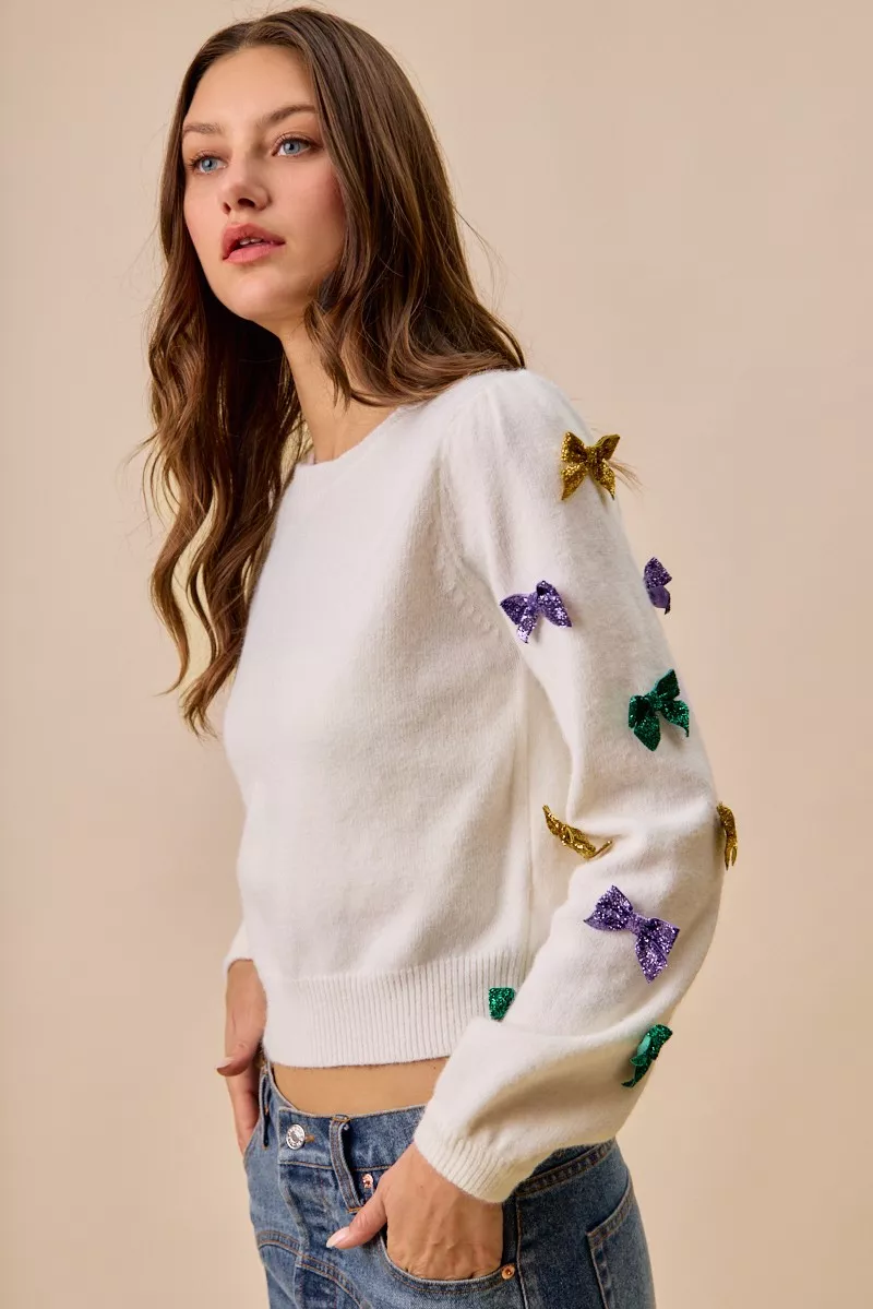 Mardi Gras Glitter Bow Ribbon Sweater Knit Top, image 19