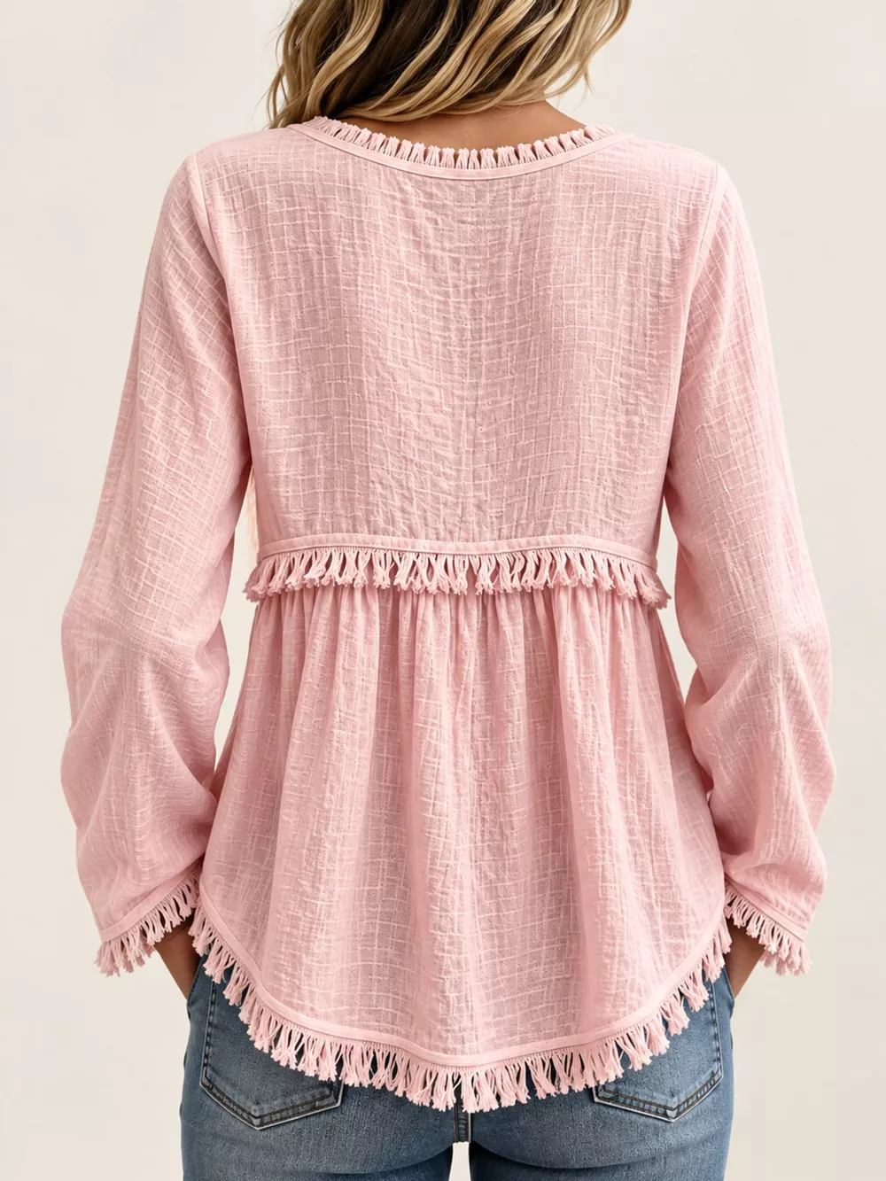 Full Size Fringed Trim V-Neck Long Sleeve Blouse Plus Size, image 46
