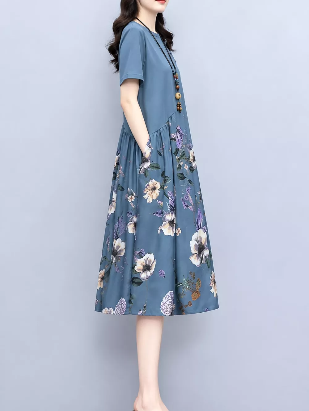 Plus Size Floral Print A-Line Midi Dress with Asymmetric Button Detail, image 7