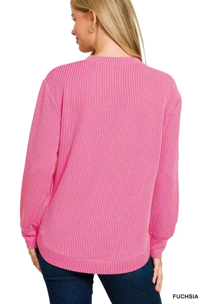 Full Size Raised Rib Round Neck Long Sleeve Top Plus Size, image 8