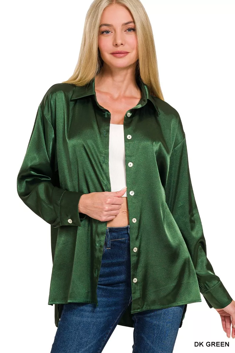 Satin Button Down Long Sleeve Shirt, image 3