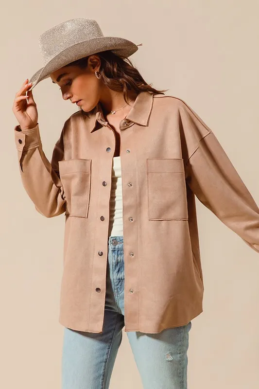 Faux Sued Snap Shacket with Collar and Pockets, image 4