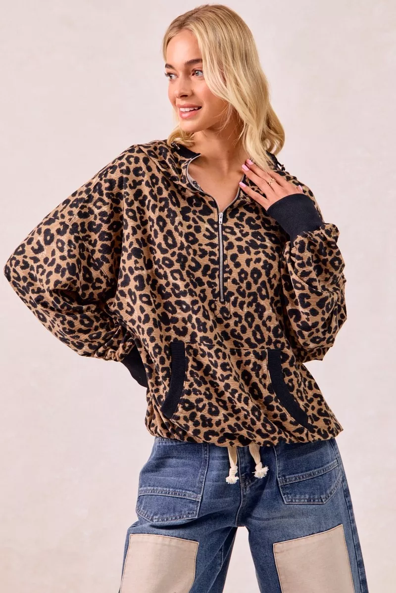 Leopard Print Waffle Half Zip Up Hoodie W Pocket, image 13