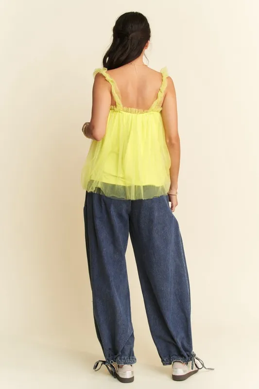 Shirred Ruffle Strap Tulle Babydoll Top, image 6