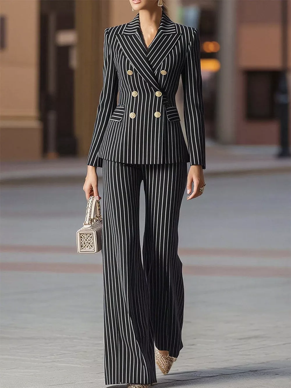 Double-Breasted Pinstripe Blazer and Wide-Leg Pants Set, image 7