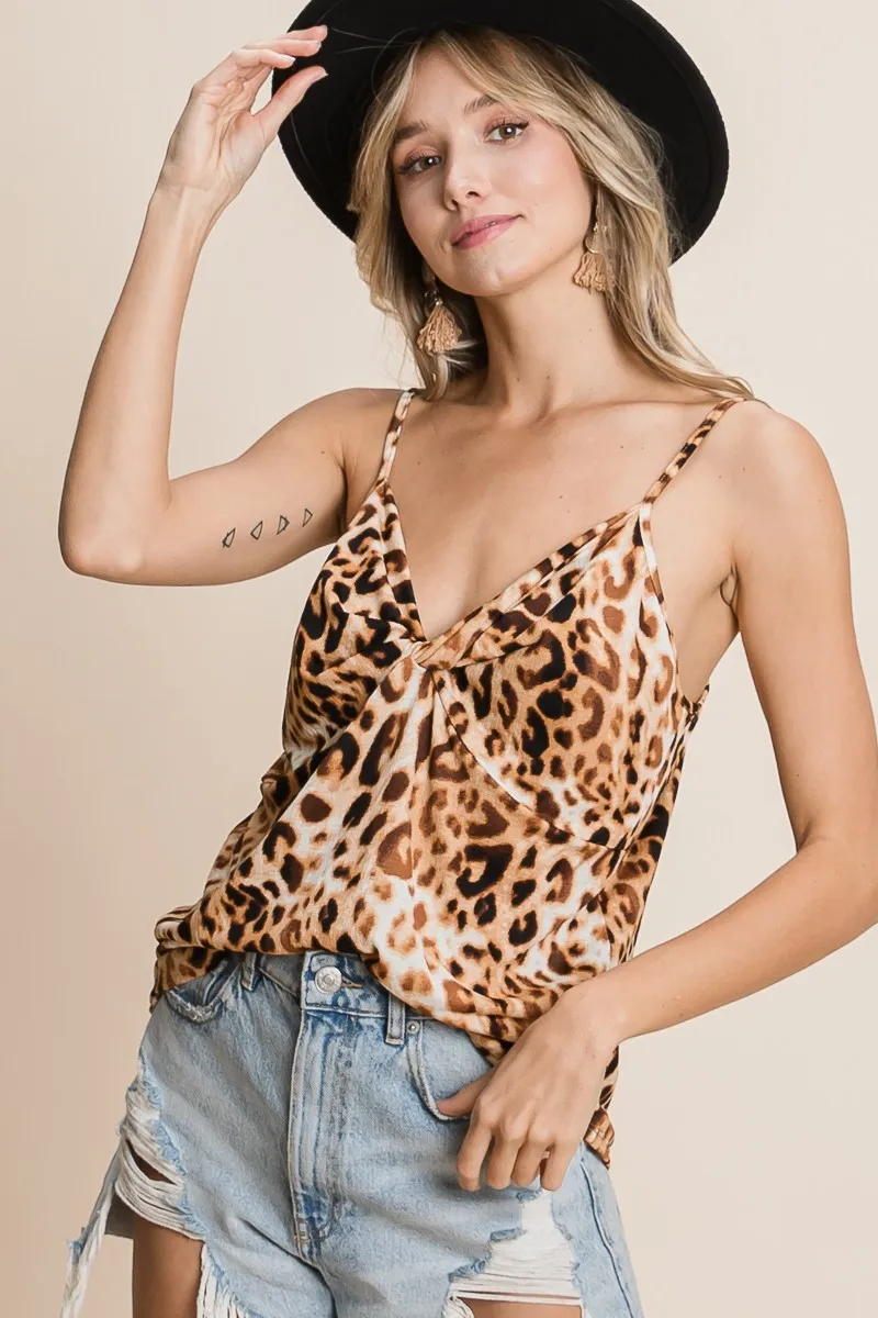 Leopard Printed Gauze Knit Twist Front Detailed Cami