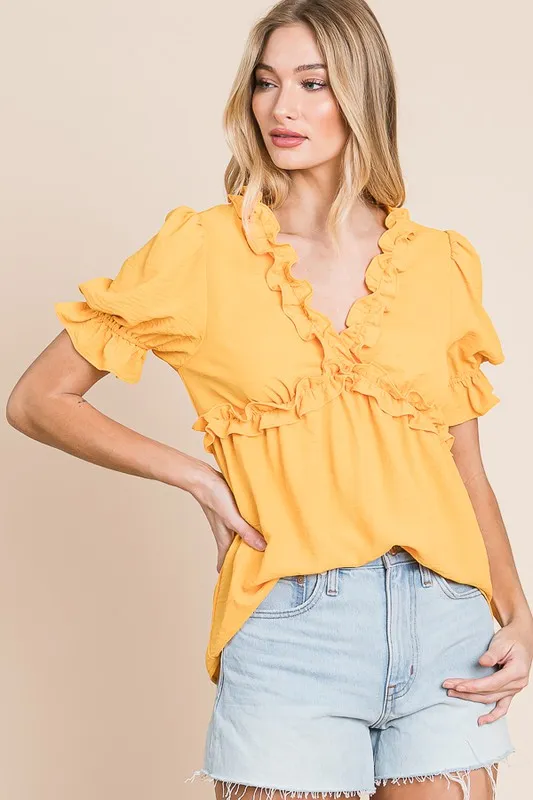 Solid Ruffled Deep V-Neck Puff Sleeve Babydoll Top, image 3
