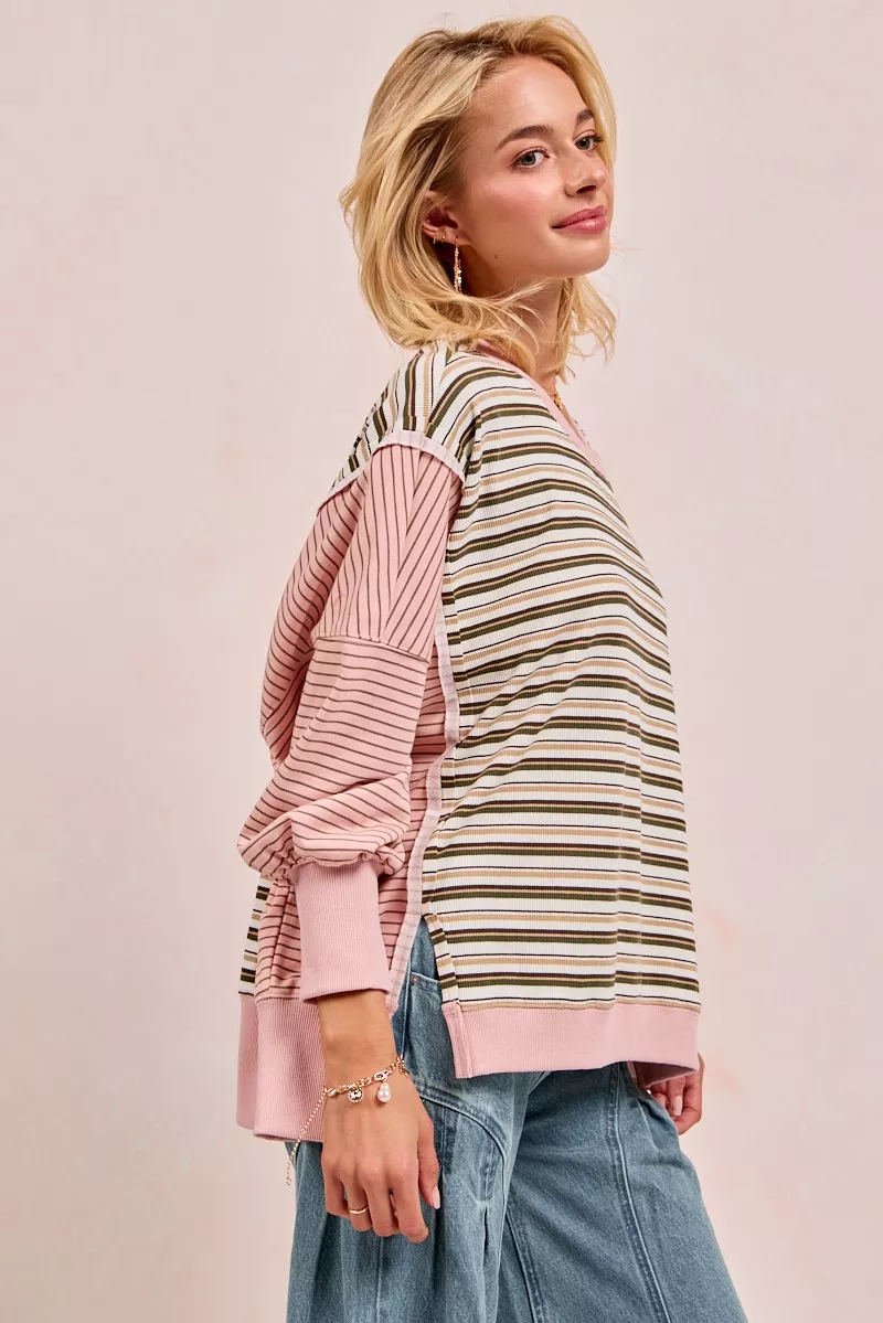 Stripe Mixed Top With Cut Edge And Reverse Outseam, image 7