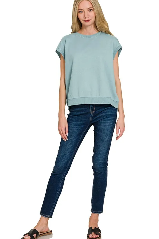 French Terry Round Neck Cap Sleeve T-Shirt, image 4
