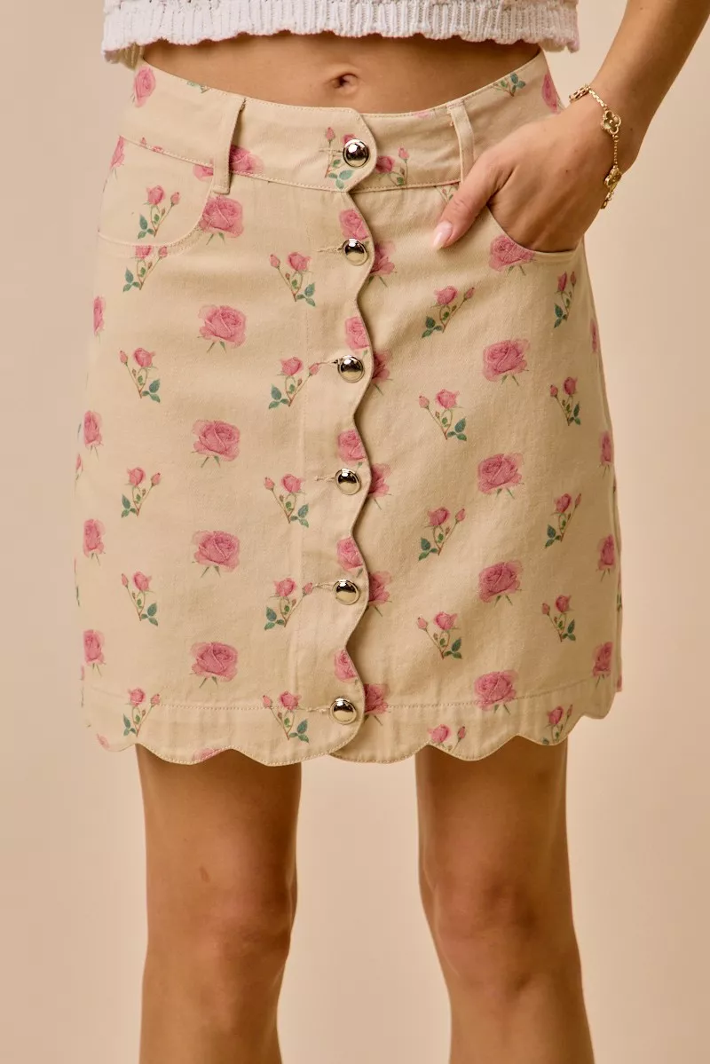 Floral Rose Print Cotton Twill Scallop Mini Skirt
