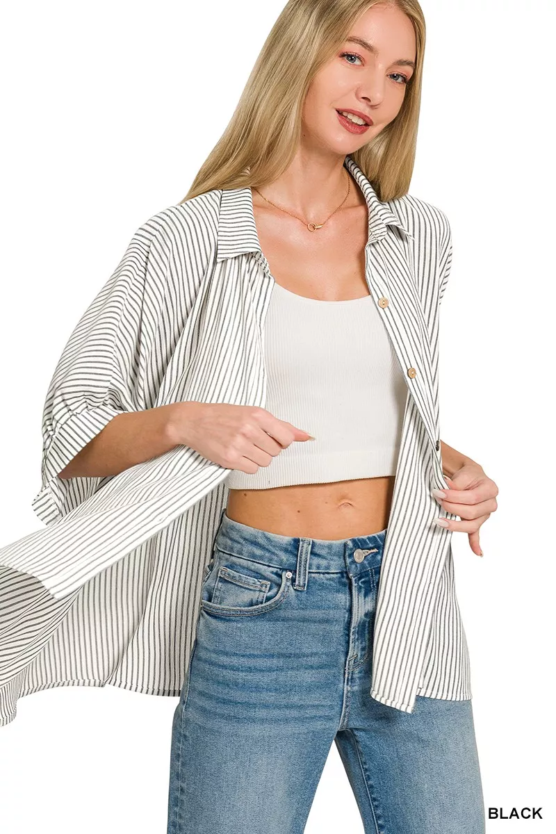 Full Size Woven Stripe Button Down Boxy Shirt Plus Size, image 6