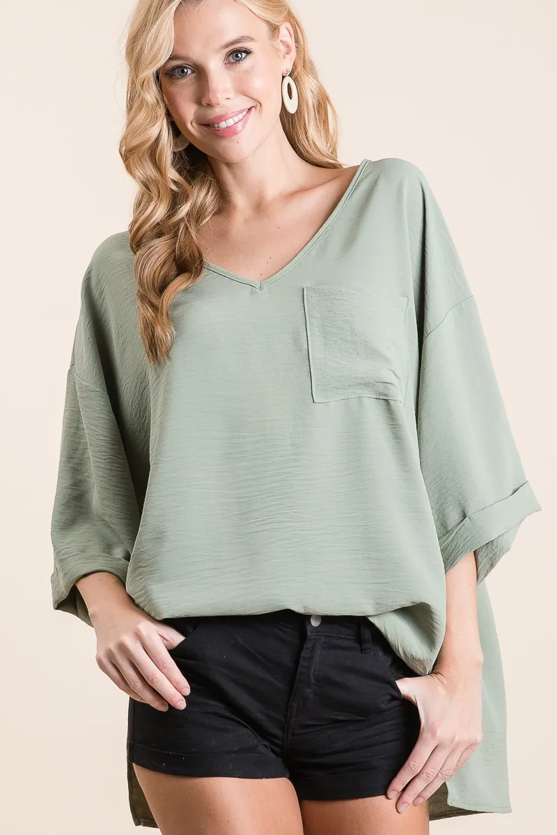 Flowy Woven V-Neck Top with Rolled Up Cuffs, image 2