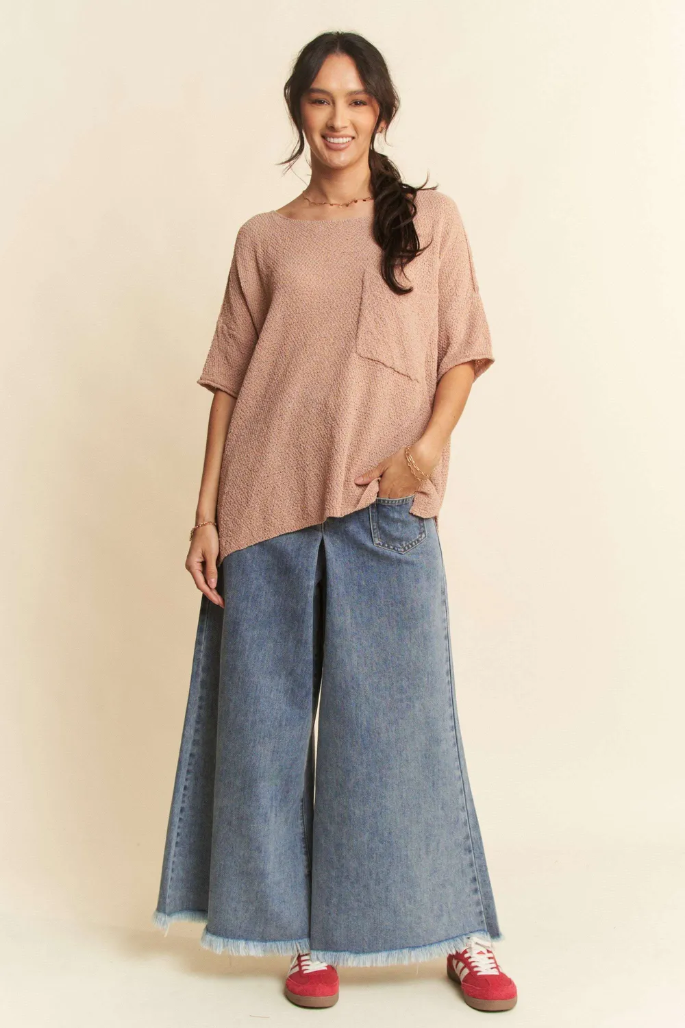Patch Pocket Wide Leg Culotte Jeans, image 6