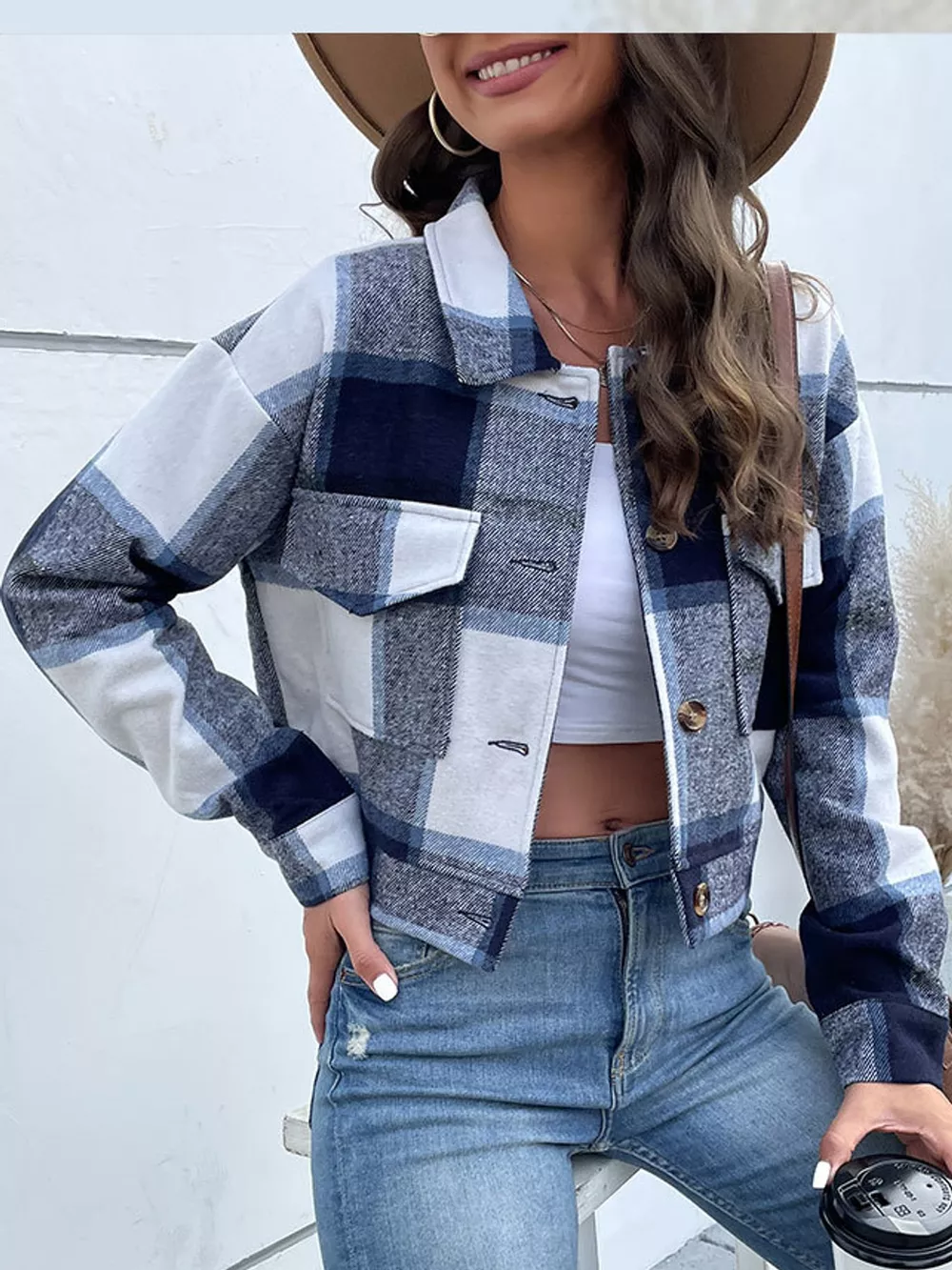Plaid Button-Front Cropped Jacket, image 5