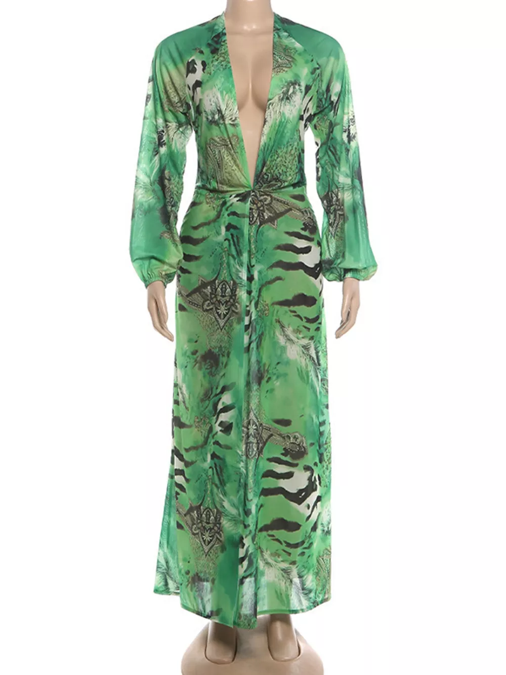 Deep V-Neck Long Sleeve Printed Maxi Dress, image 5