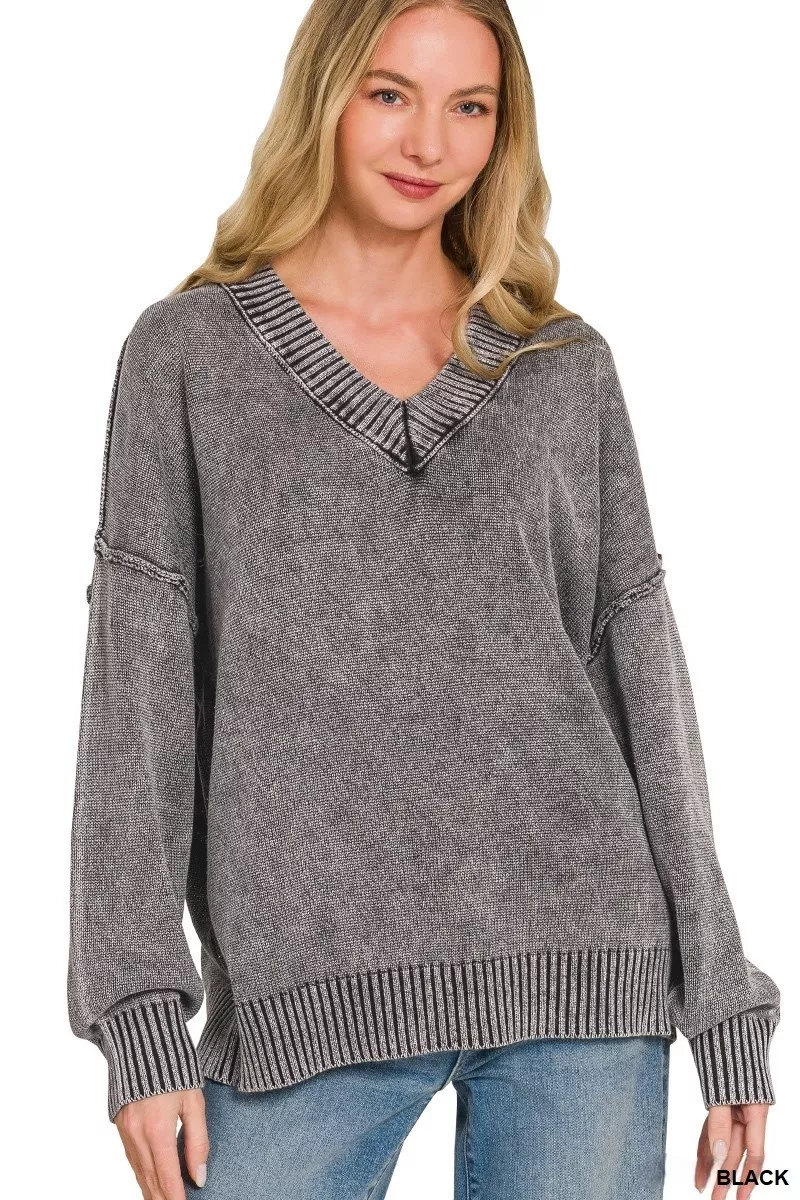 Zenana Washed Deep V-neck Oversized Sweater