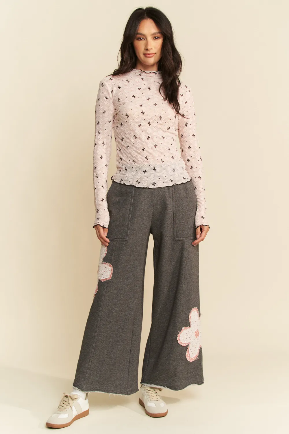 Ribbon Bow Lace Hem Long Sleeve Mesh Layering Top, image 8