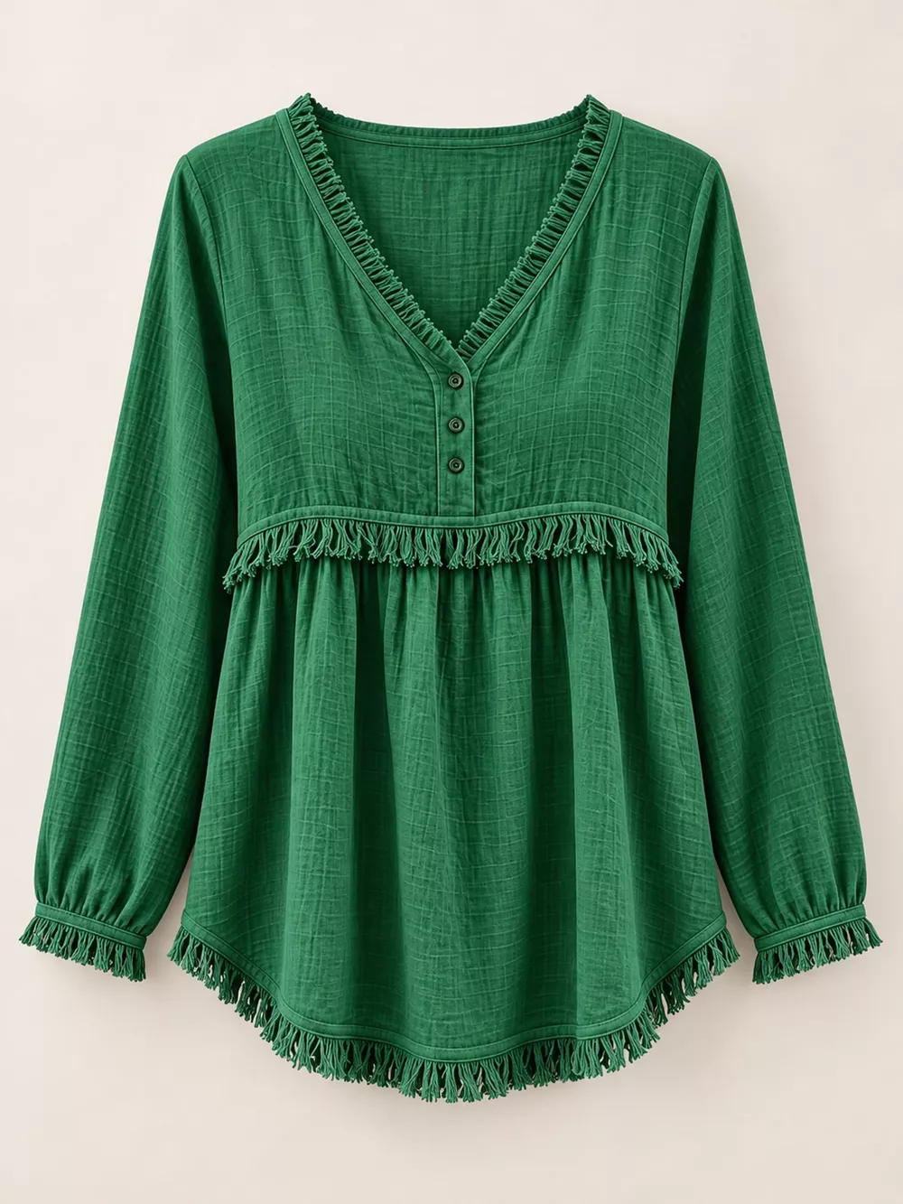 Full Size Fringed Trim V-Neck Long Sleeve Blouse Plus Size, image 72