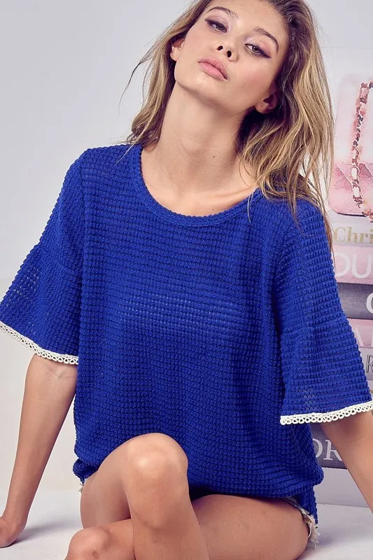 Popcorn Waffle Knit Top with Pompom Lace, image 10
