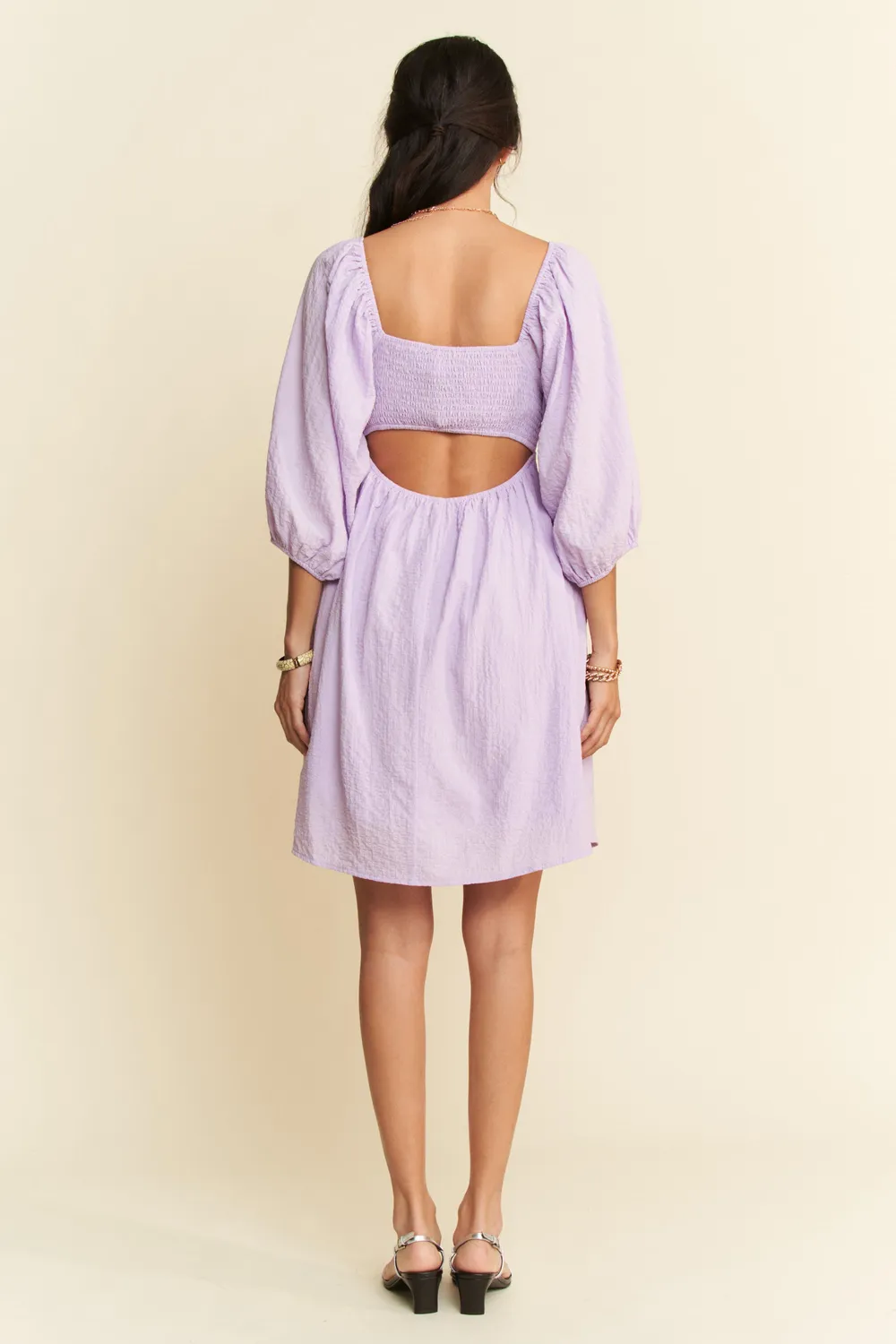 Self-Tie Puff Sleeve Smocking Open Back Mini Dress, image 7