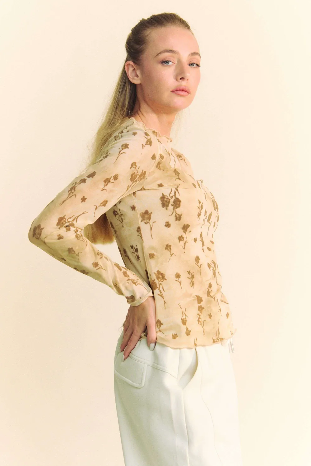Floral Mesh Long Sleeve Sheer Layering Top, image 3