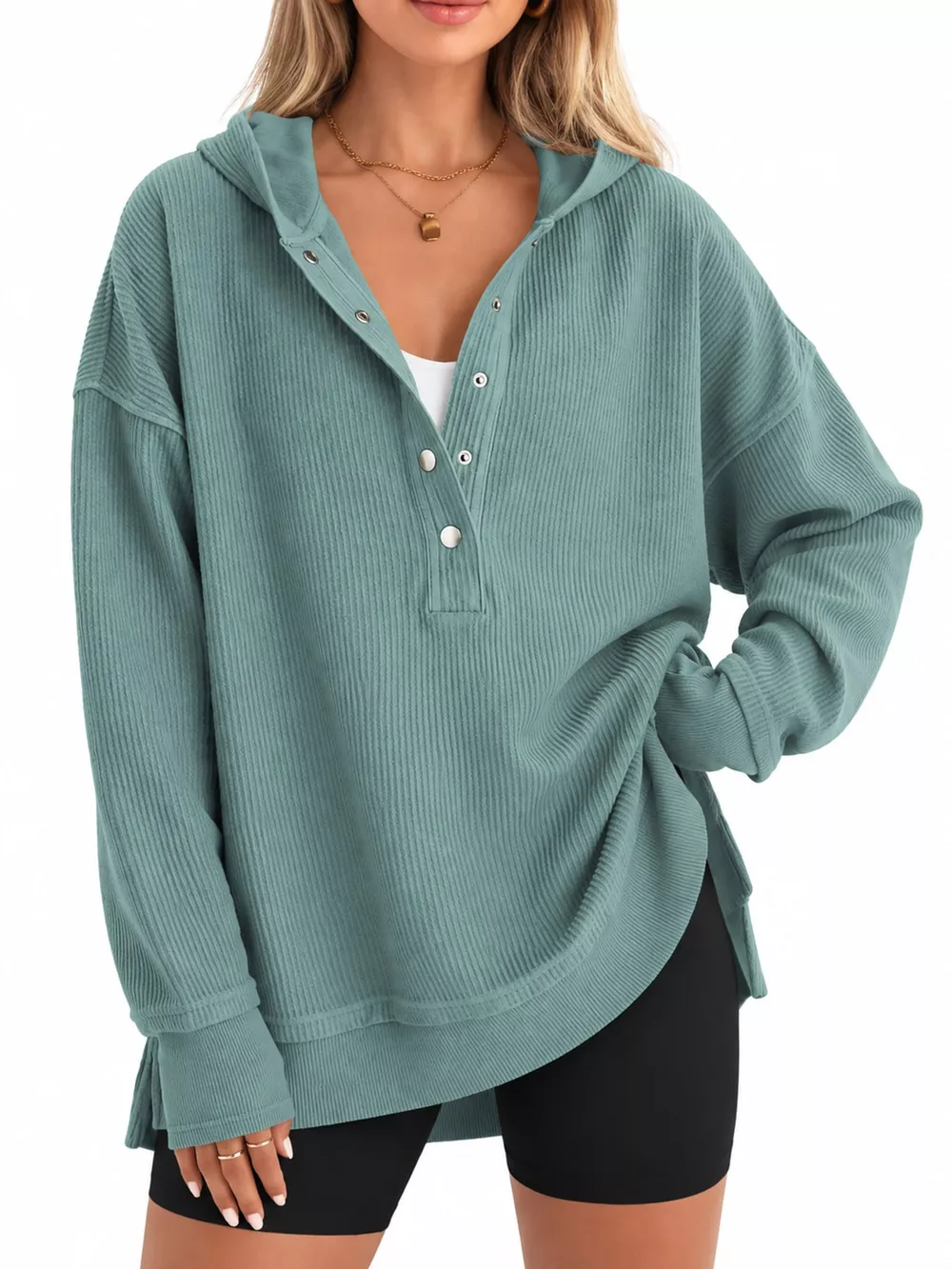 Full Size Snap Button Placket Dropped Shoulder Hoodie Plus Size