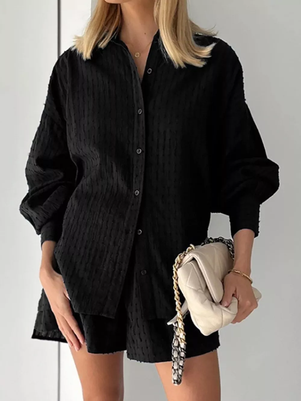 Textured Button-Down Shirt and Shorts Set, image 7