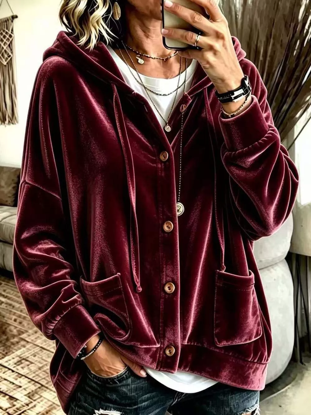 Full Size Velvet Dropped Shoulder Hoodie Plus Size, image 16