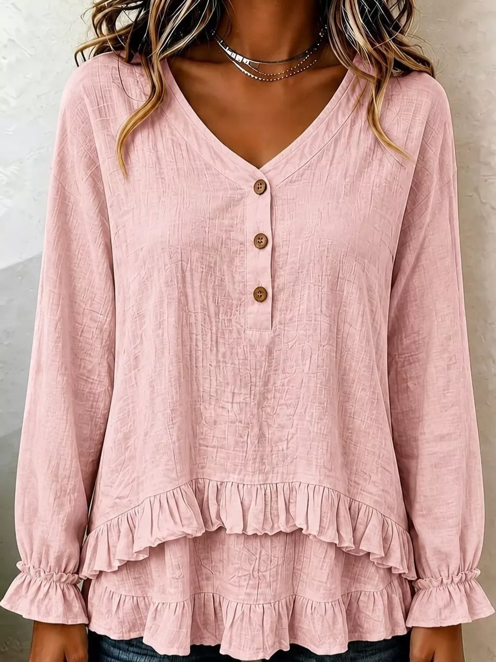 V-Neck Long Sleeve Ruffled Hem Blouse