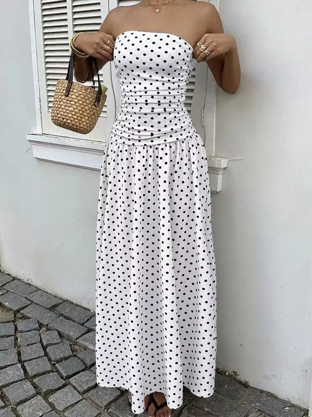 Strapless Polka Dot Ruched Maxi Dress, image 3