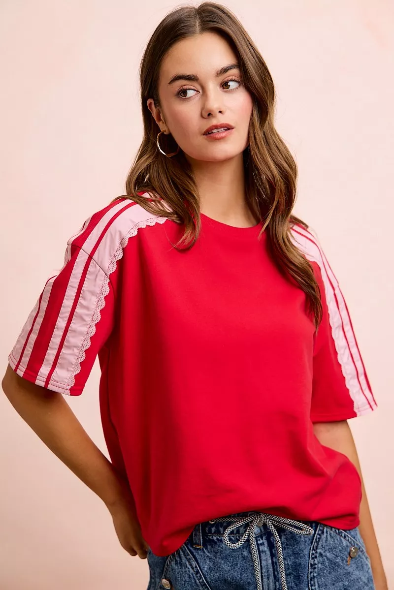 BiBi French Terry Side Lace Detail Short Sleeves Top, image 9