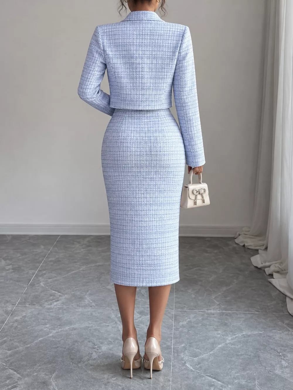 Tweed Square Neck Dress and Cardigan Set, image 12