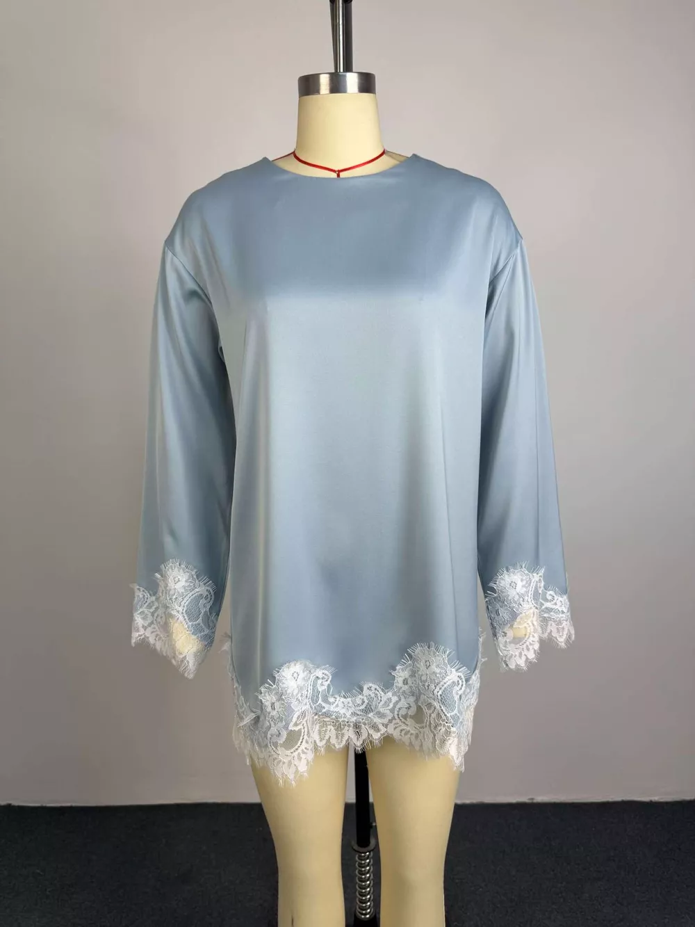 Lace Hem Long Sleeve Oversized Satin Top, image 5