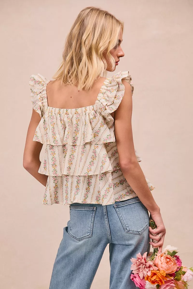 Floral Printed Woven Front Bow Tied Ruffled Square Neck Sleeveless Top, image 7
