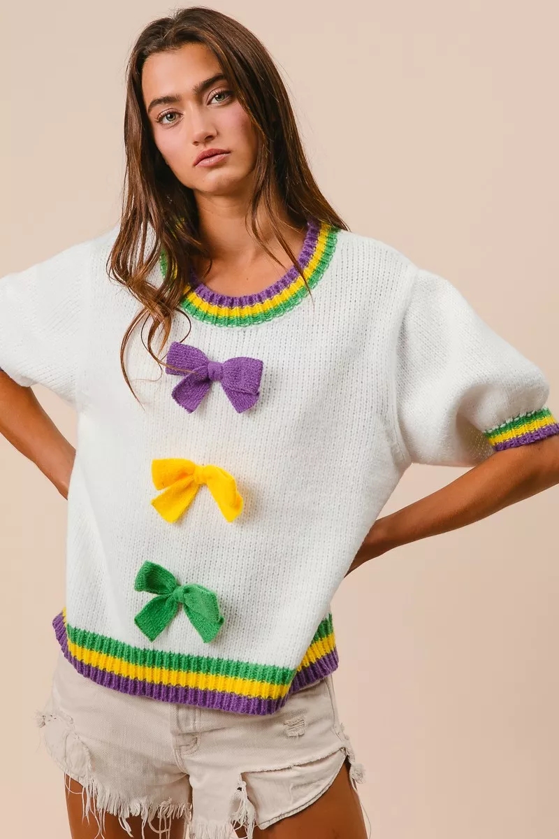 Short Puff Sleeve Ribbon Bow Mardi Gras Sweater, image 6