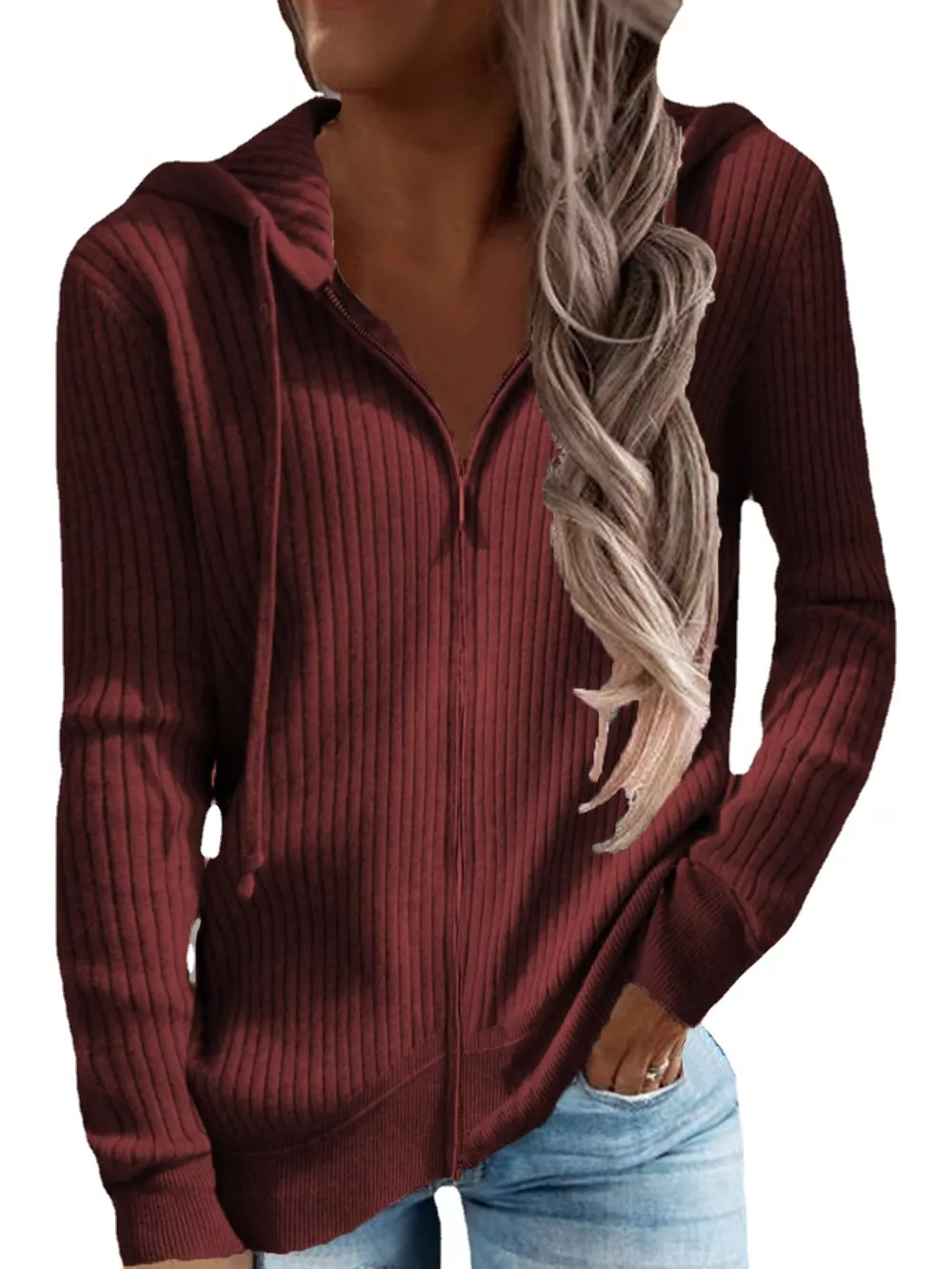 Full Size Ribbed Knit Zip-Up Hooded Cardigan Plus Size, image 13