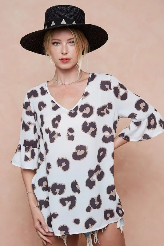 Leopard Printed V Neck Woven Top with Ruffled, image 9