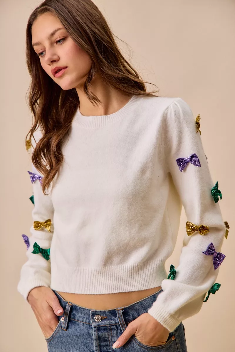 Mardi Gras Glitter Bow Ribbon Sweater Knit Top, image 29
