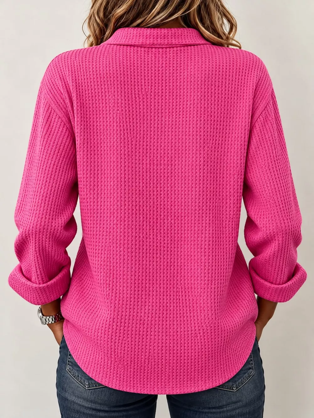 Full Size Waffle Knit Long Sleeve Polo Top Plus Size, image 25