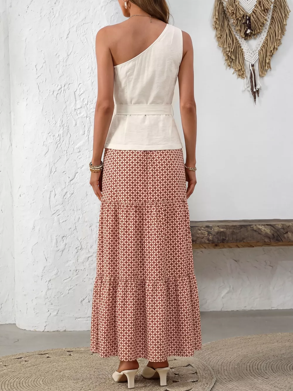 One-Shoulder Top and Geometric Print Maxi Skirt Set, image 7