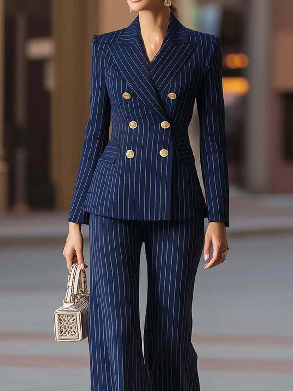 Double-Breasted Pinstripe Blazer and Wide-Leg Pants Set, image 2