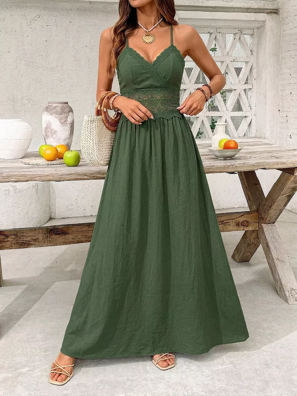 Lace Trim Spaghetti Strap Maxi Dress, image 2