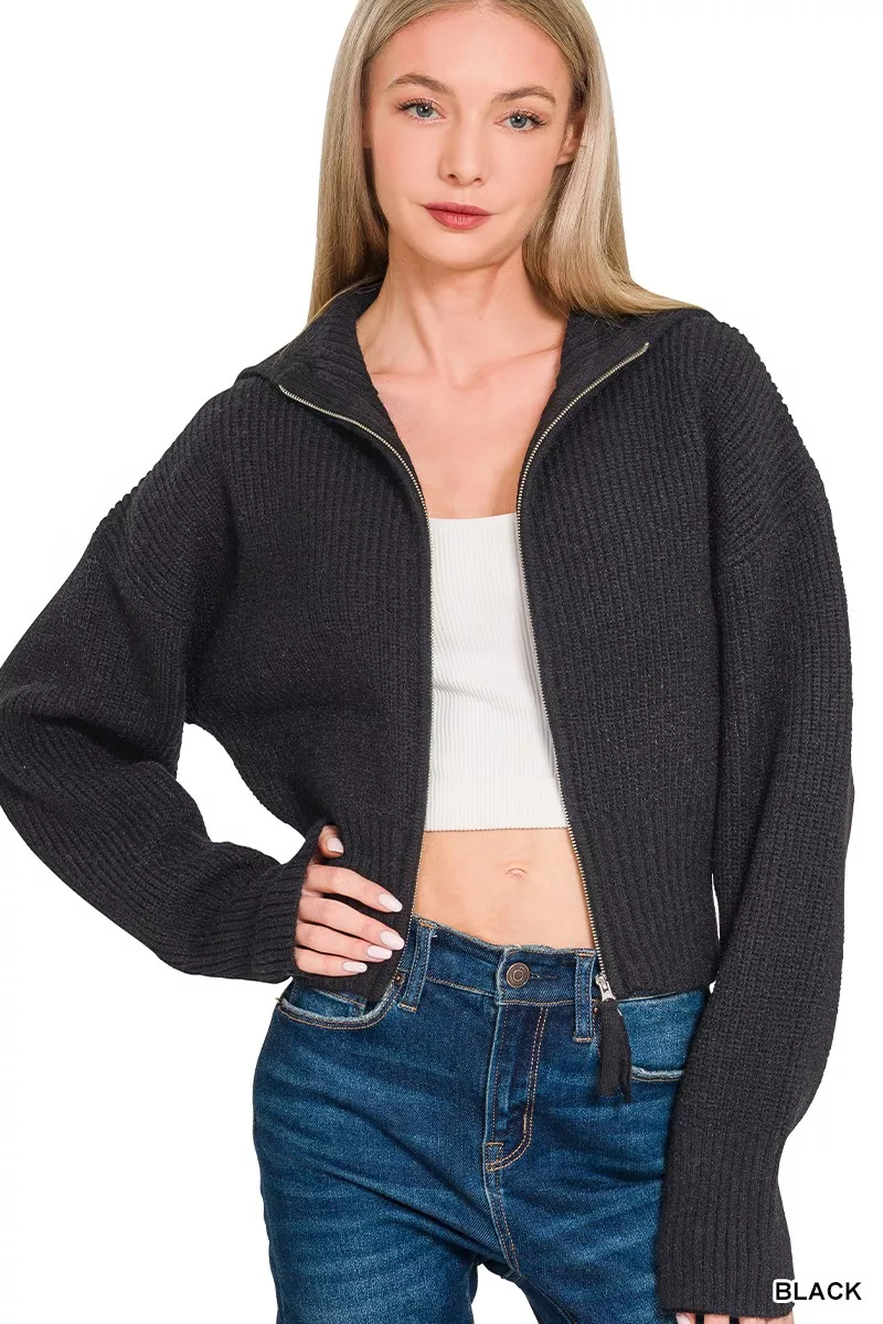 Ribbed Collared Zip Up Sweater Cardigan, image 2
